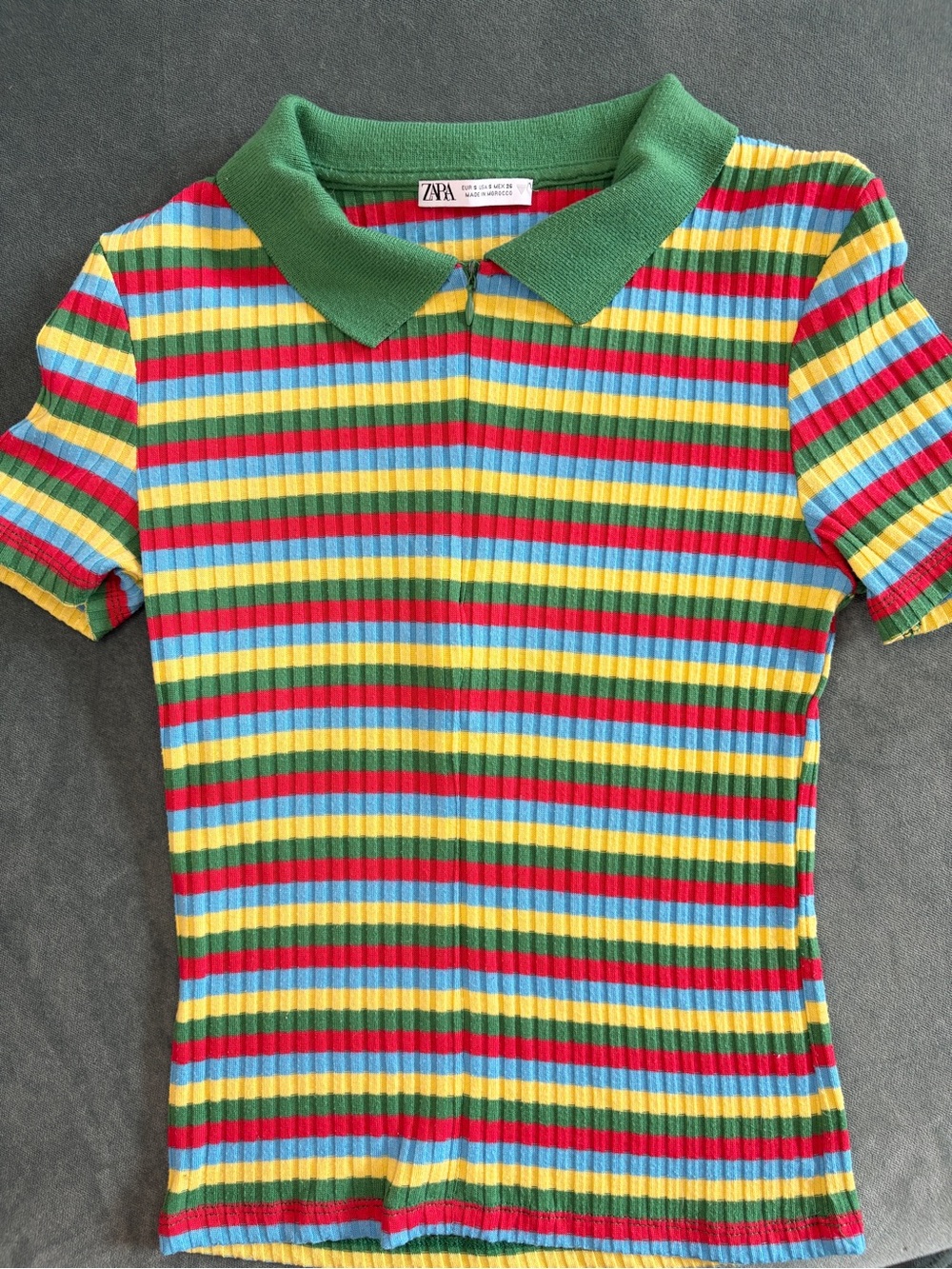 Zara Kids Ribbed Multicolor Striped Polo Top - Green Collar